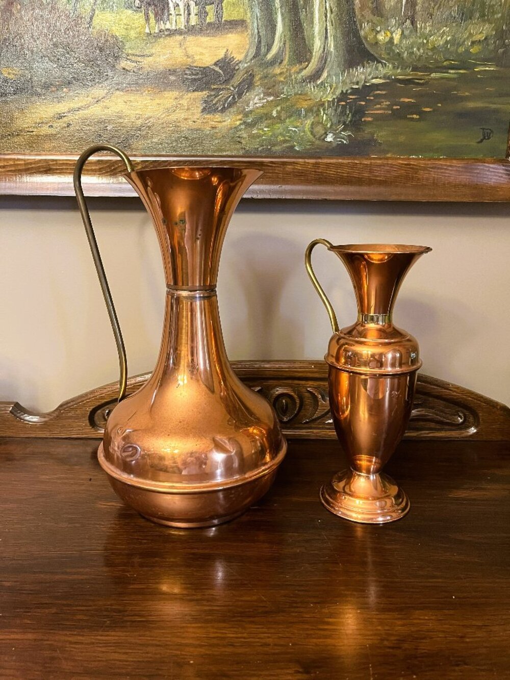 Mid Century Arts Crafts Vintage Pair Copper English Rustic Farmhouse jugs vases